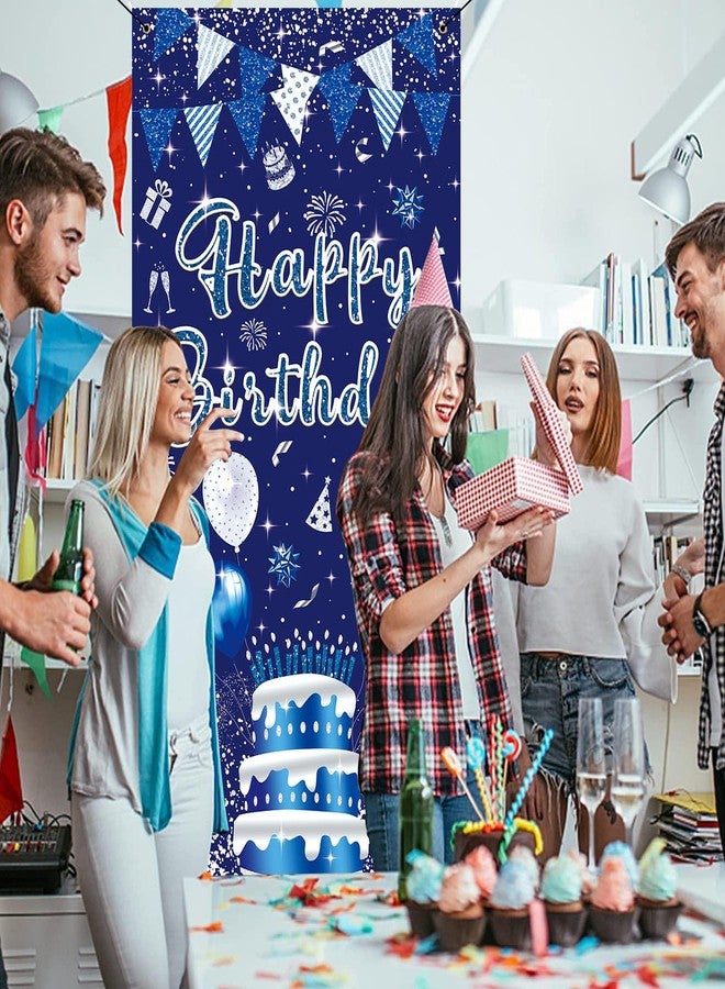GYA 3x6ft Blue Silver Birthday Door Banner Navy Blue Glitter Sequin Happy Birthday Background Cake Balloons Gifts Backdrops Kids Celebration Party Decor - Image 2